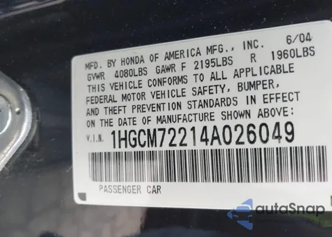 2004 Honda Accord 2.4 Lx from USA, damaged, VIN 1HGCM72214A026049